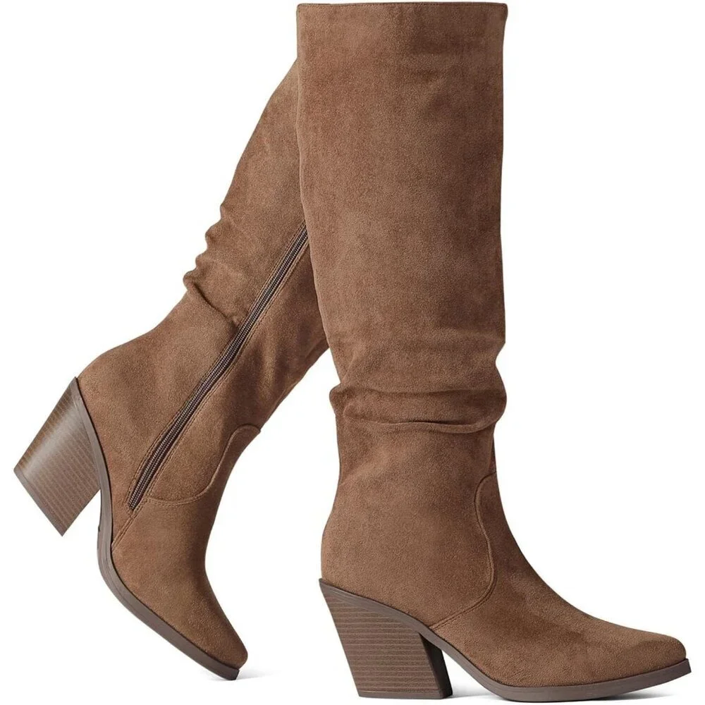 Women's Brown Faux Suede Chunky Heel Boots Side Zipper Slouchy Knee High Boots